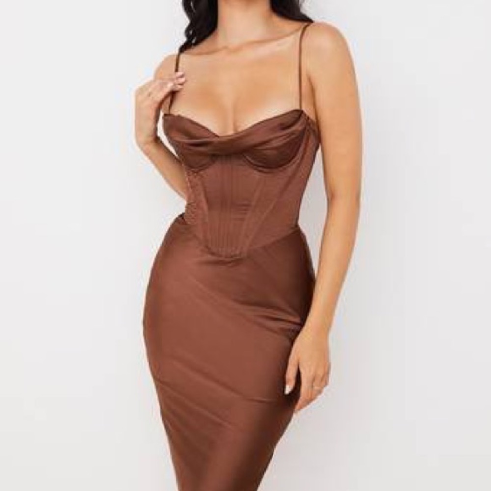 House of CB Myrna Satin Corset chocolate Midi Dress